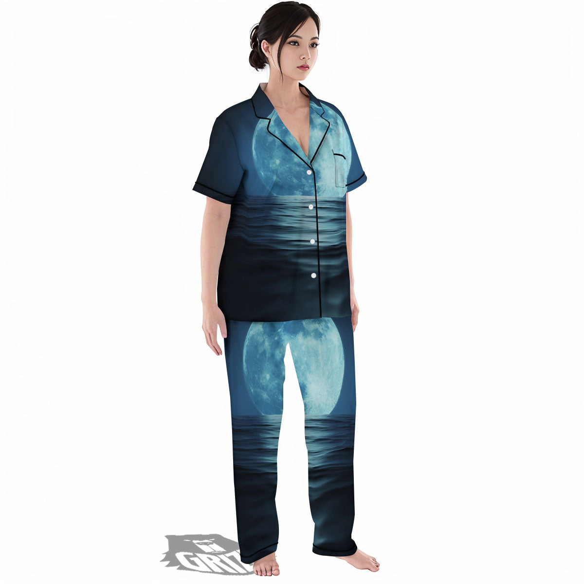 Moonlight And The Sea Print Women's Pajamas Set-grizzshop
