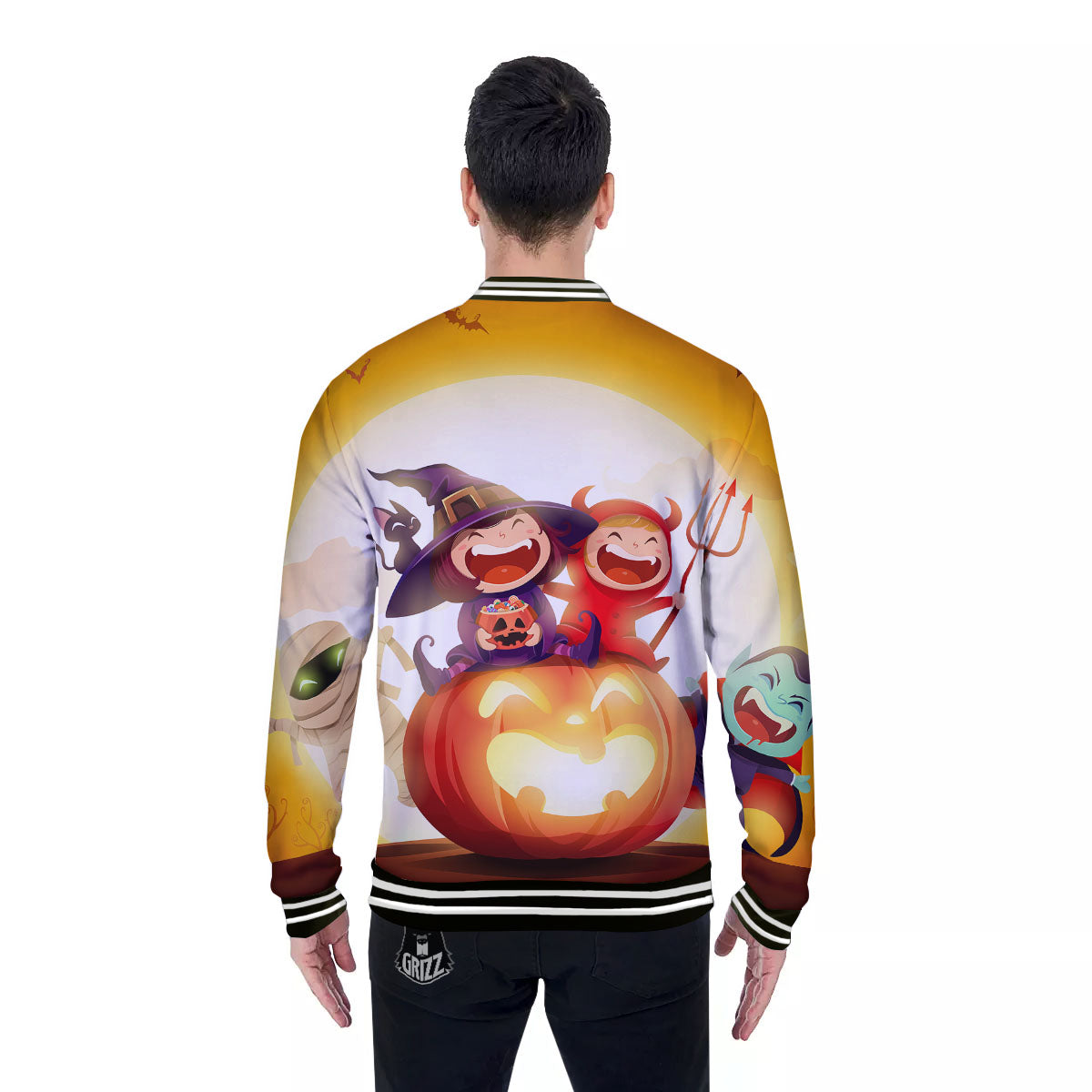 Moonlight Halloween Print Baseball Jacket-grizzshop