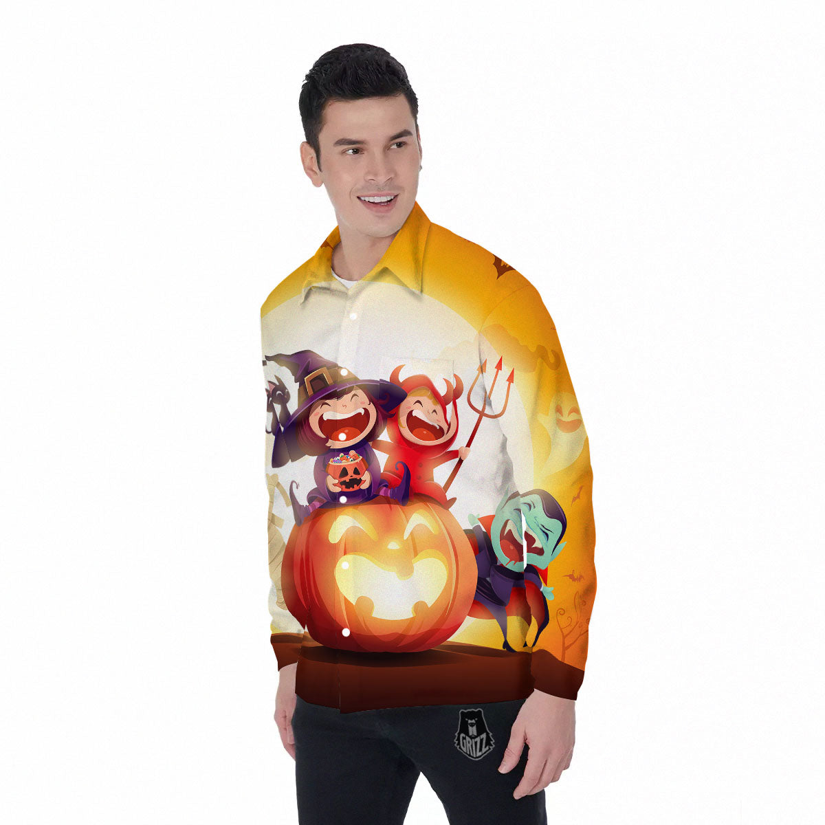 Moonlight Halloween Print Men's Long Sleeve Shirts-grizzshop