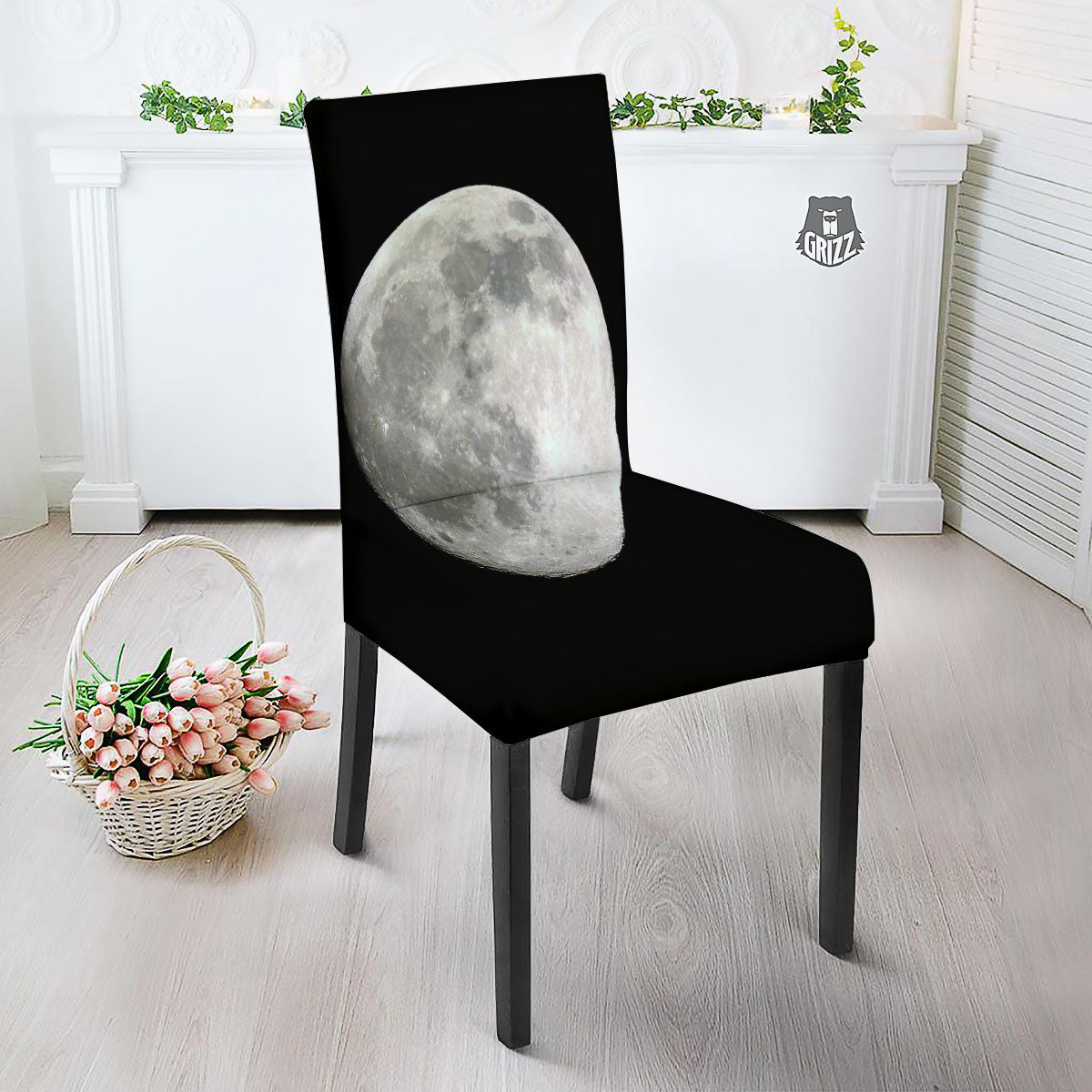 Moonlight White And Black Print Dining Chair Slipcover-grizzshop
