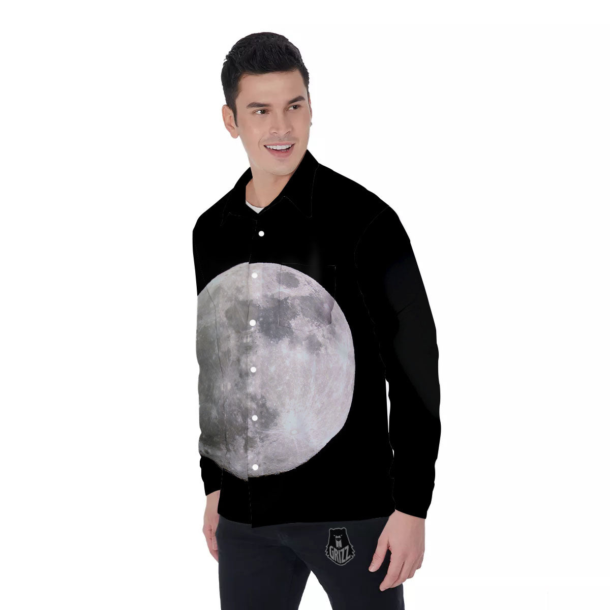 Moonlight White And Black Print Men's Long Sleeve Shirts-grizzshop