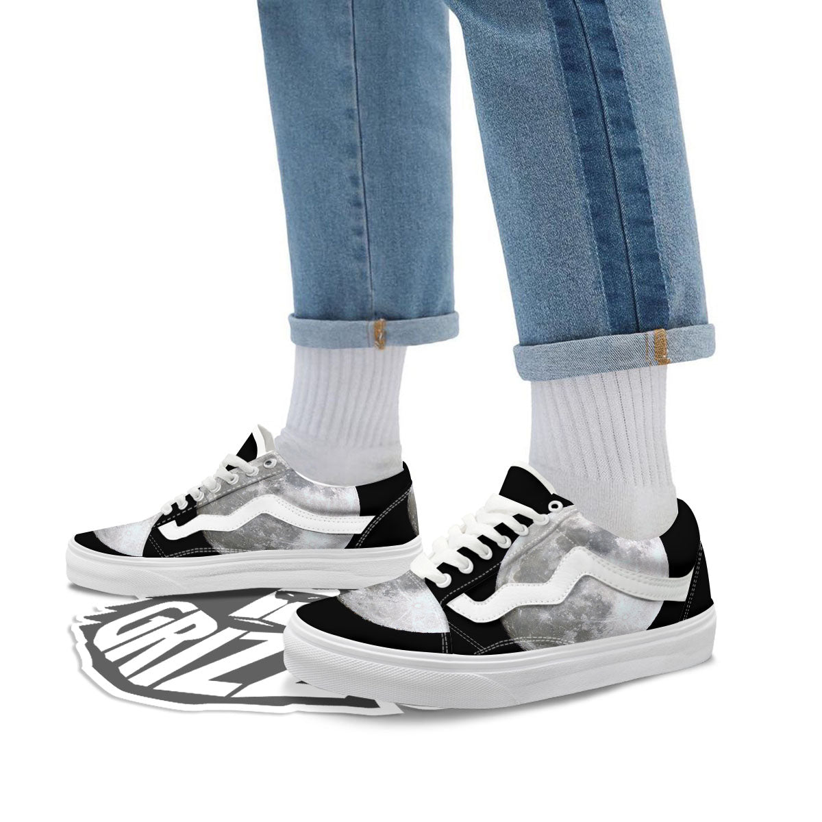 Moonlight White And Black Print Skate Shoes-grizzshop