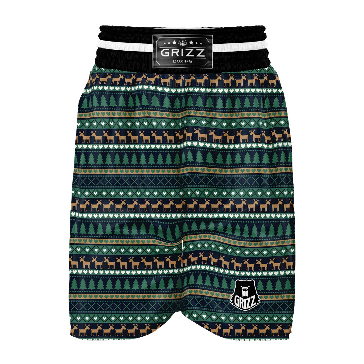 Moose Christmas Tree Pattern Print Boxing Shorts-grizzshop