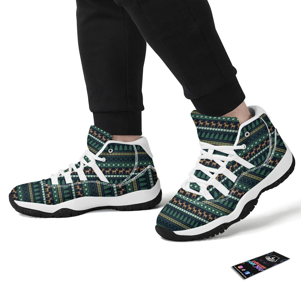 Moose Christmas Tree Pattern Print White Bball Shoes-grizzshop