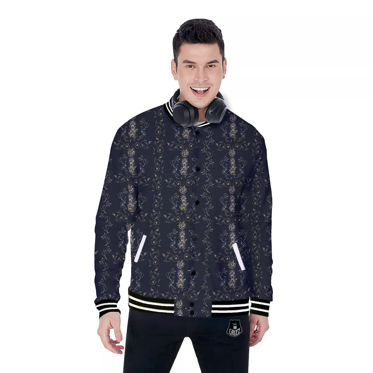 Mosaic Bird Pattern Baseball Jacket-grizzshop