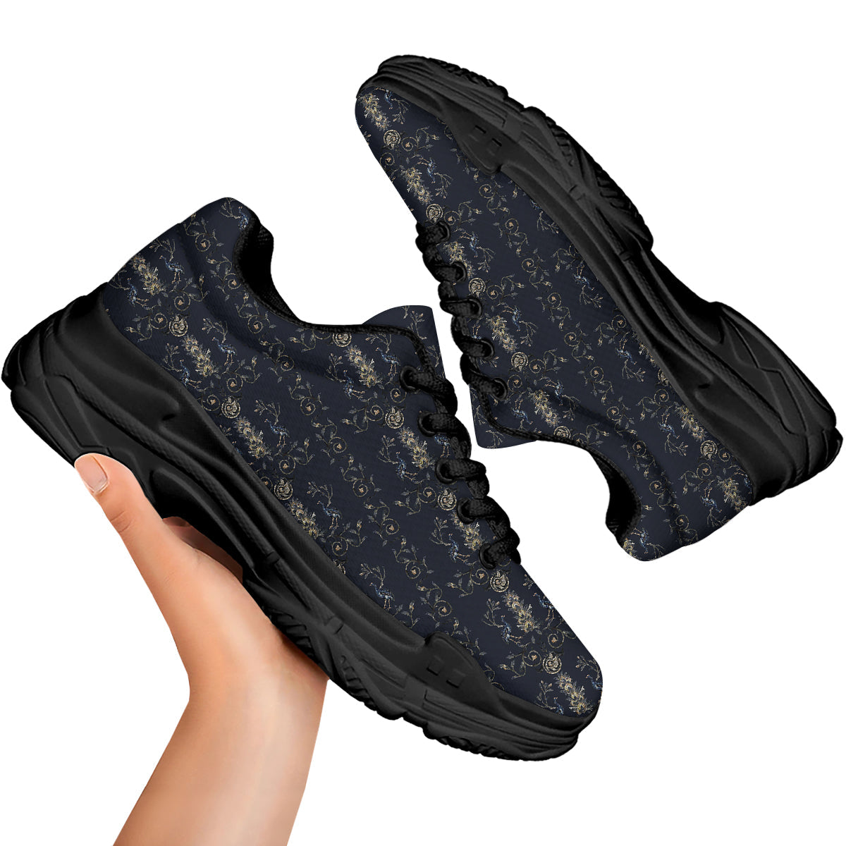 Mosaic Bird Pattern Black Chunky Shoes-grizzshop