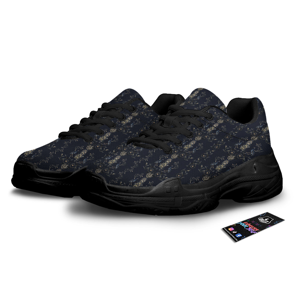 Mosaic Bird Pattern Black Chunky Shoes-grizzshop