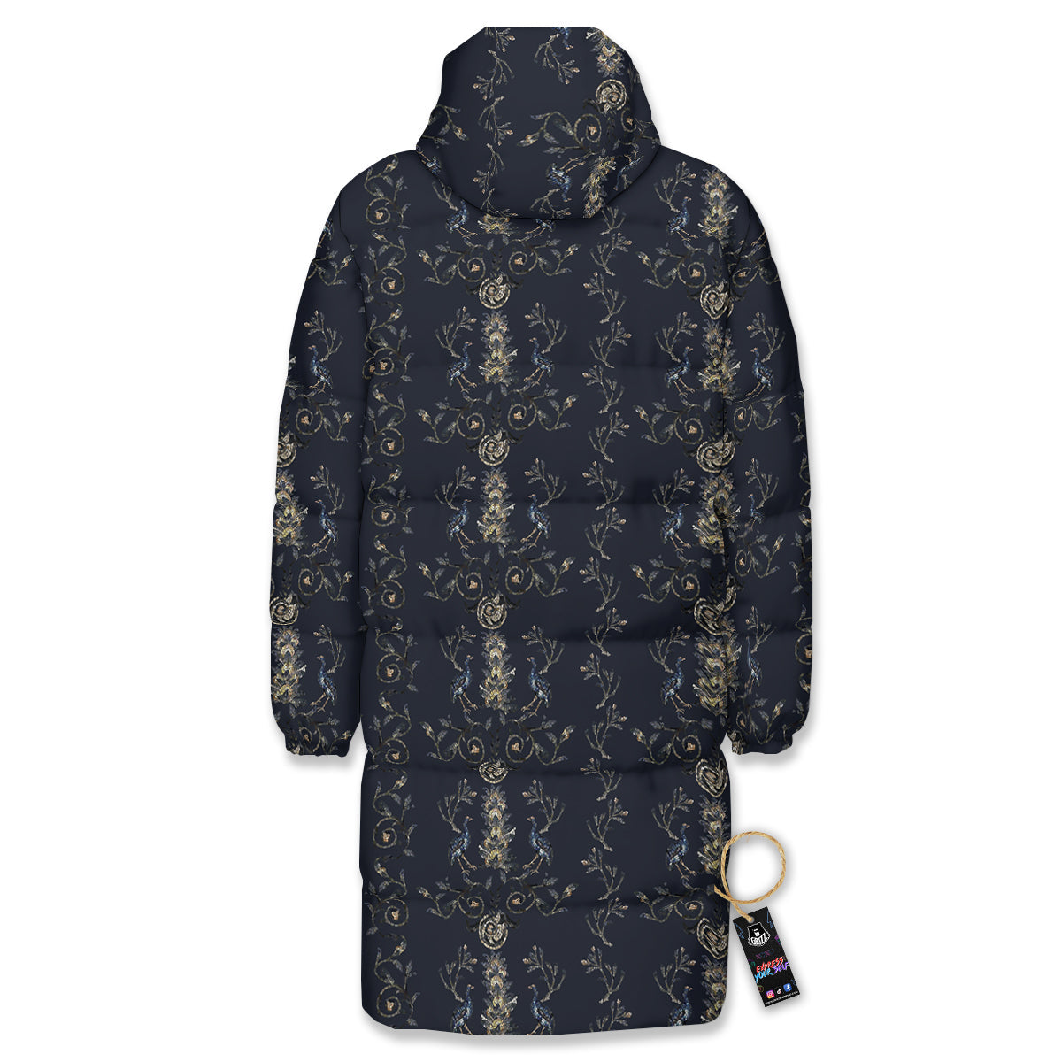 Mosaic Bird Pattern Long Down Jacket-grizzshop