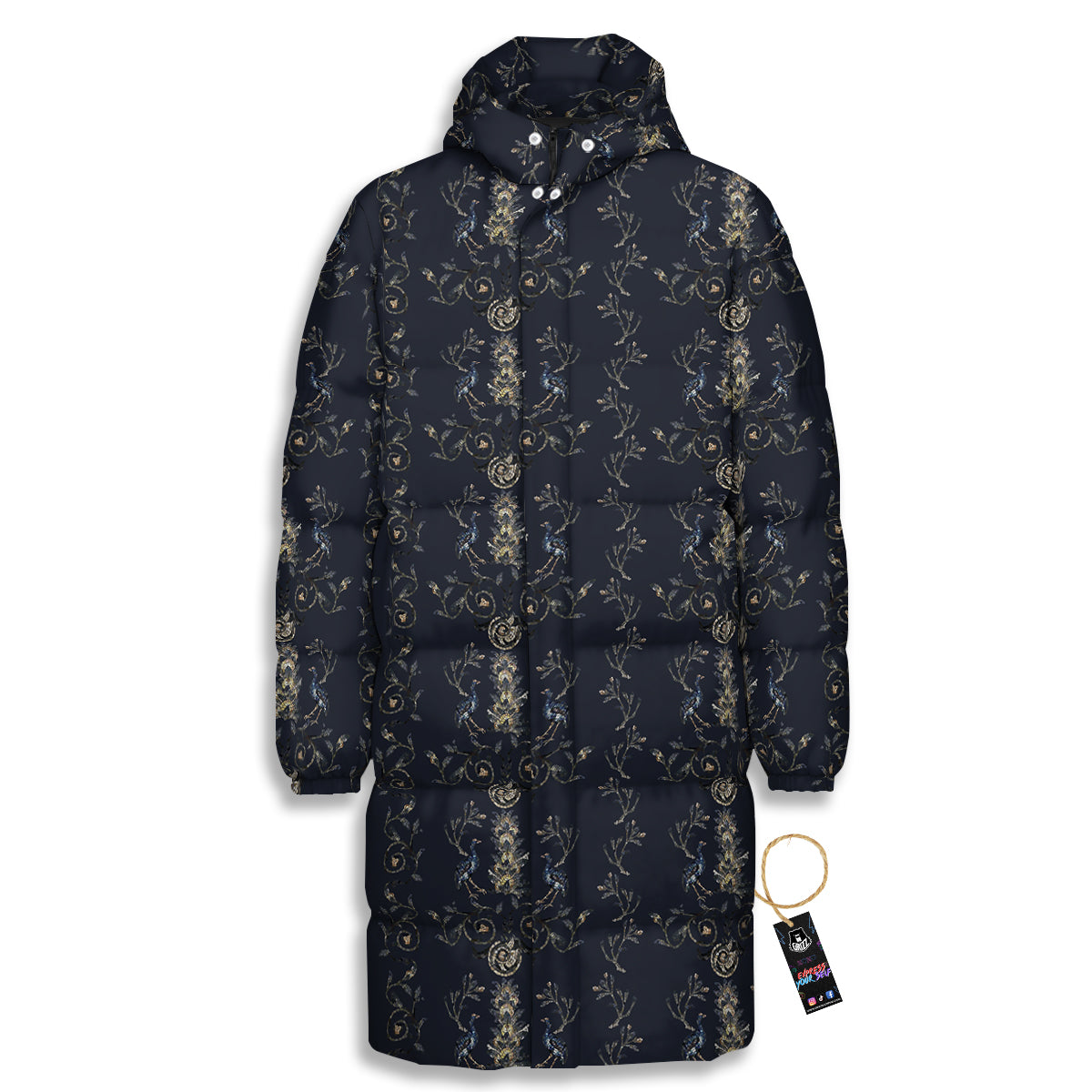 Mosaic Bird Pattern Long Down Jacket-grizzshop