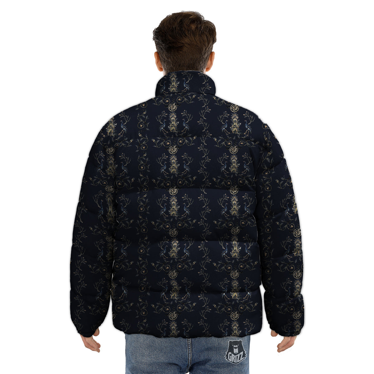 Mosaic Bird Pattern Puffer Jacket-grizzshop