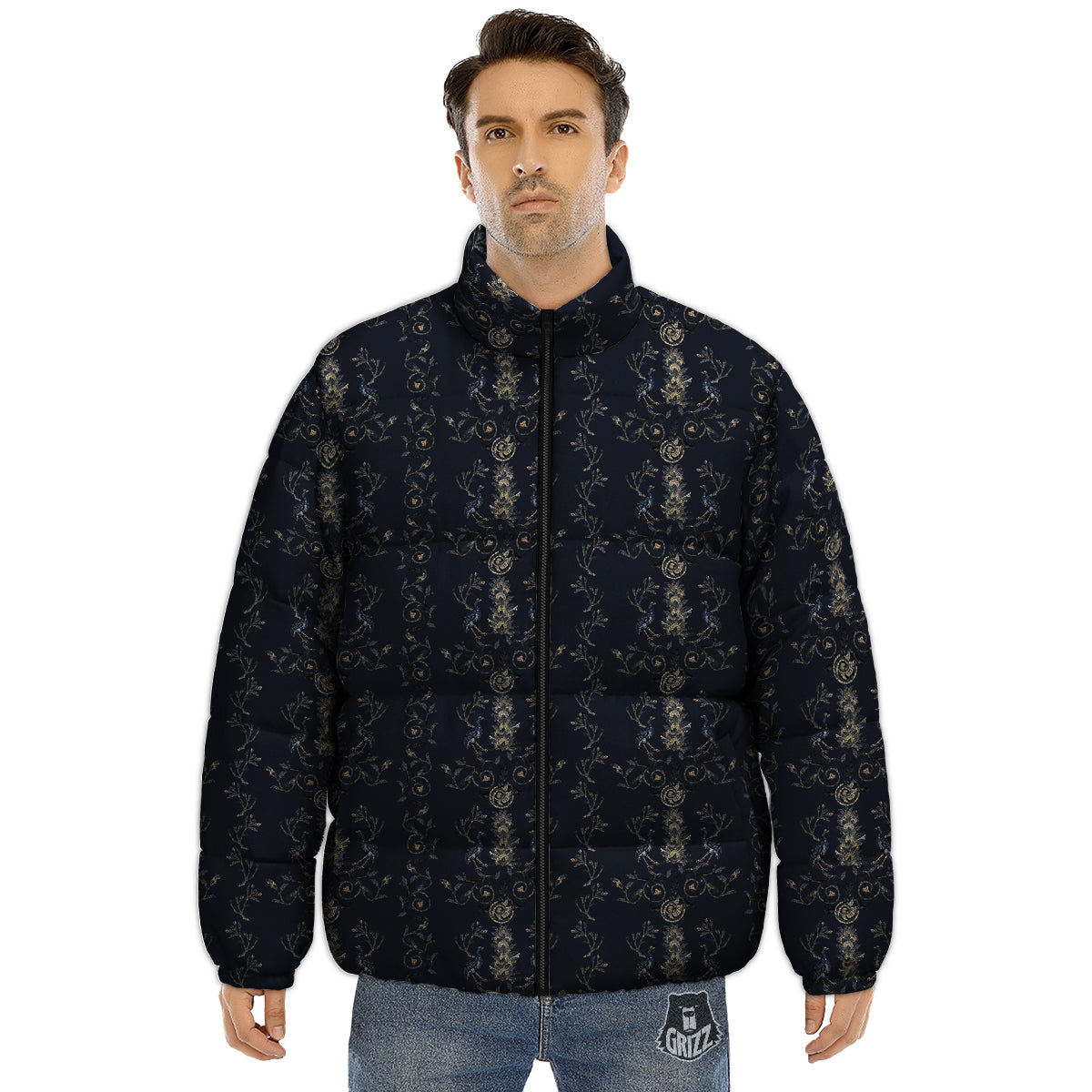 Mosaic Bird Pattern Puffer Jacket-grizzshop