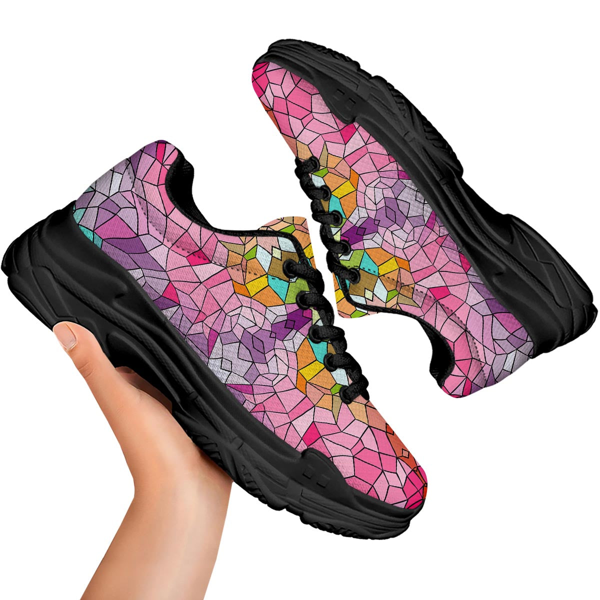 Mosaic Stained Glass Print Pattern Black Chunky Shoes-grizzshop
