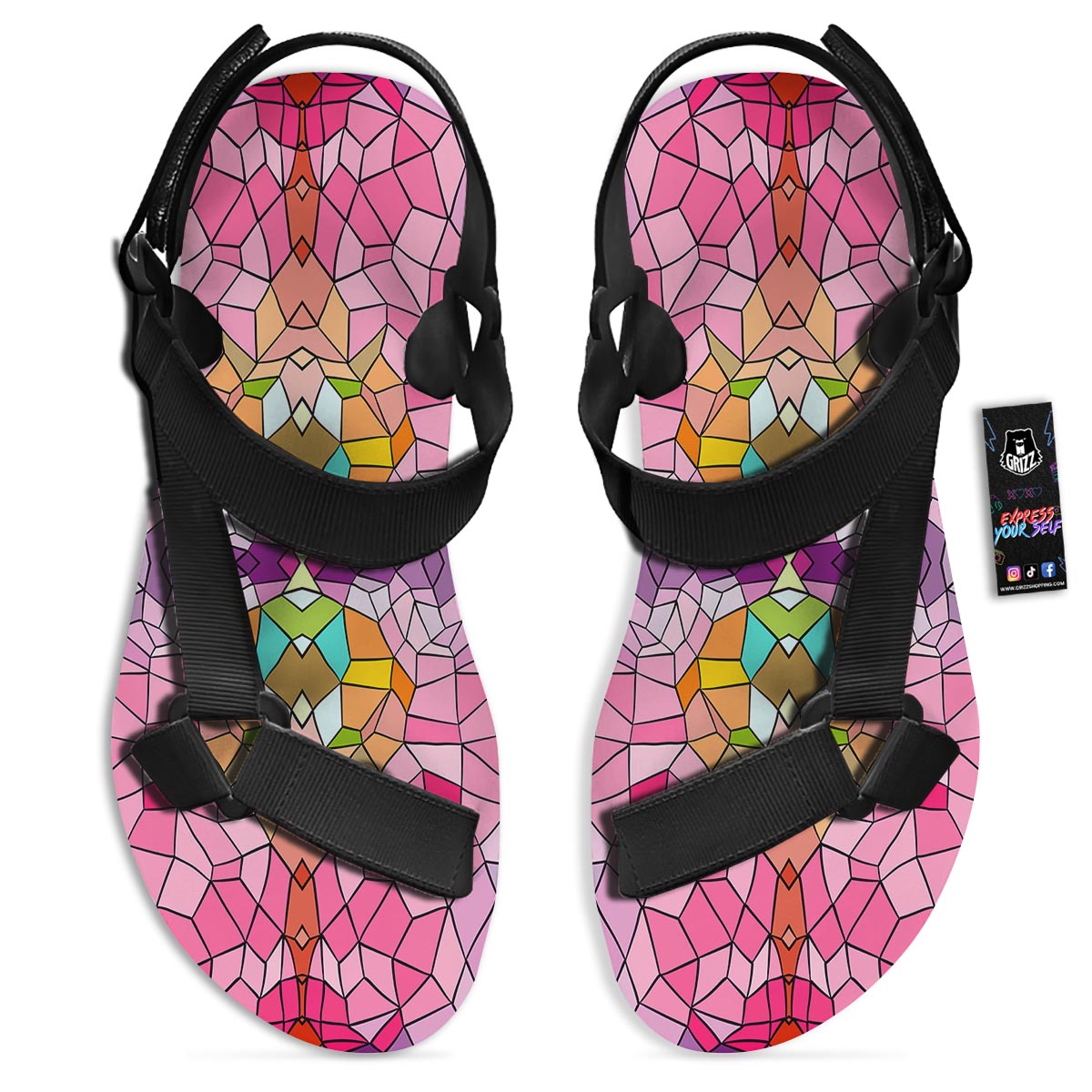 Mosaic Stained Glass Print Pattern Black Open Toe Sandals-grizzshop
