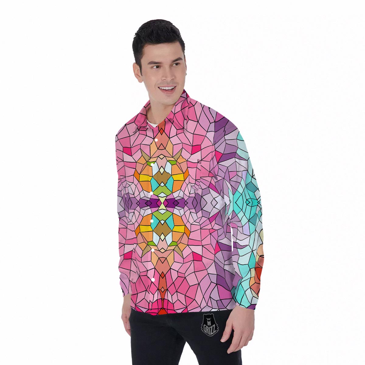Mosaic Stained Glass Print Pattern Men's Long Sleeve Shirts-grizzshop