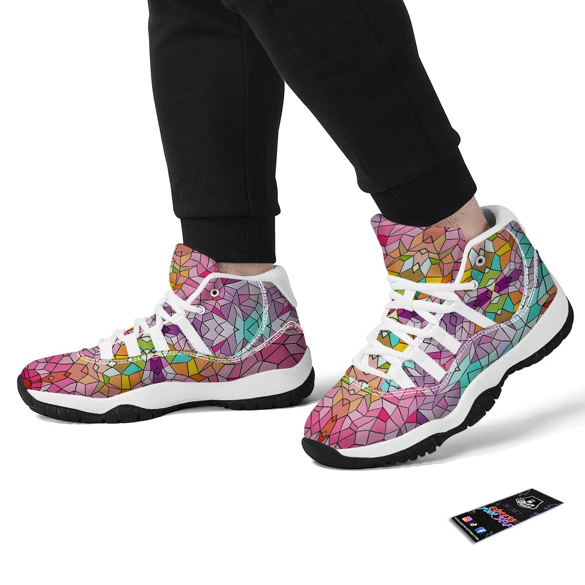 Mosaic Stained Glass Print Pattern White Bball Shoes-grizzshop
