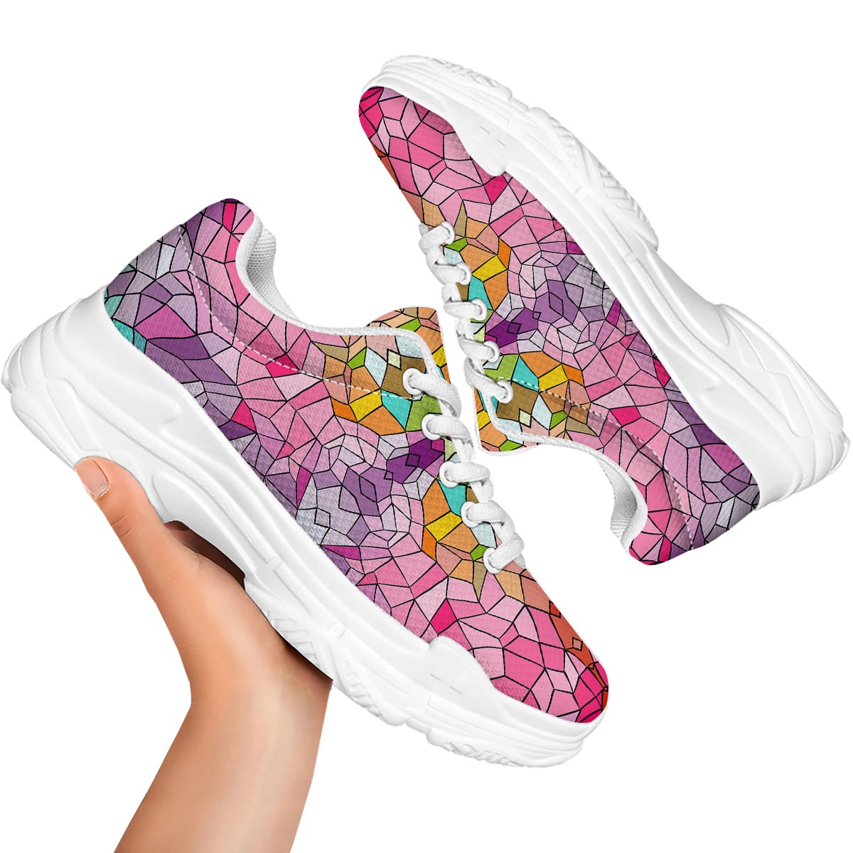 Mosaic Stained Glass Print Pattern White Chunky Shoes-grizzshop