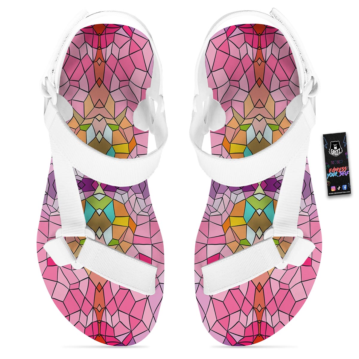 Mosaic Stained Glass Print Pattern White Open Toe Sandals-grizzshop