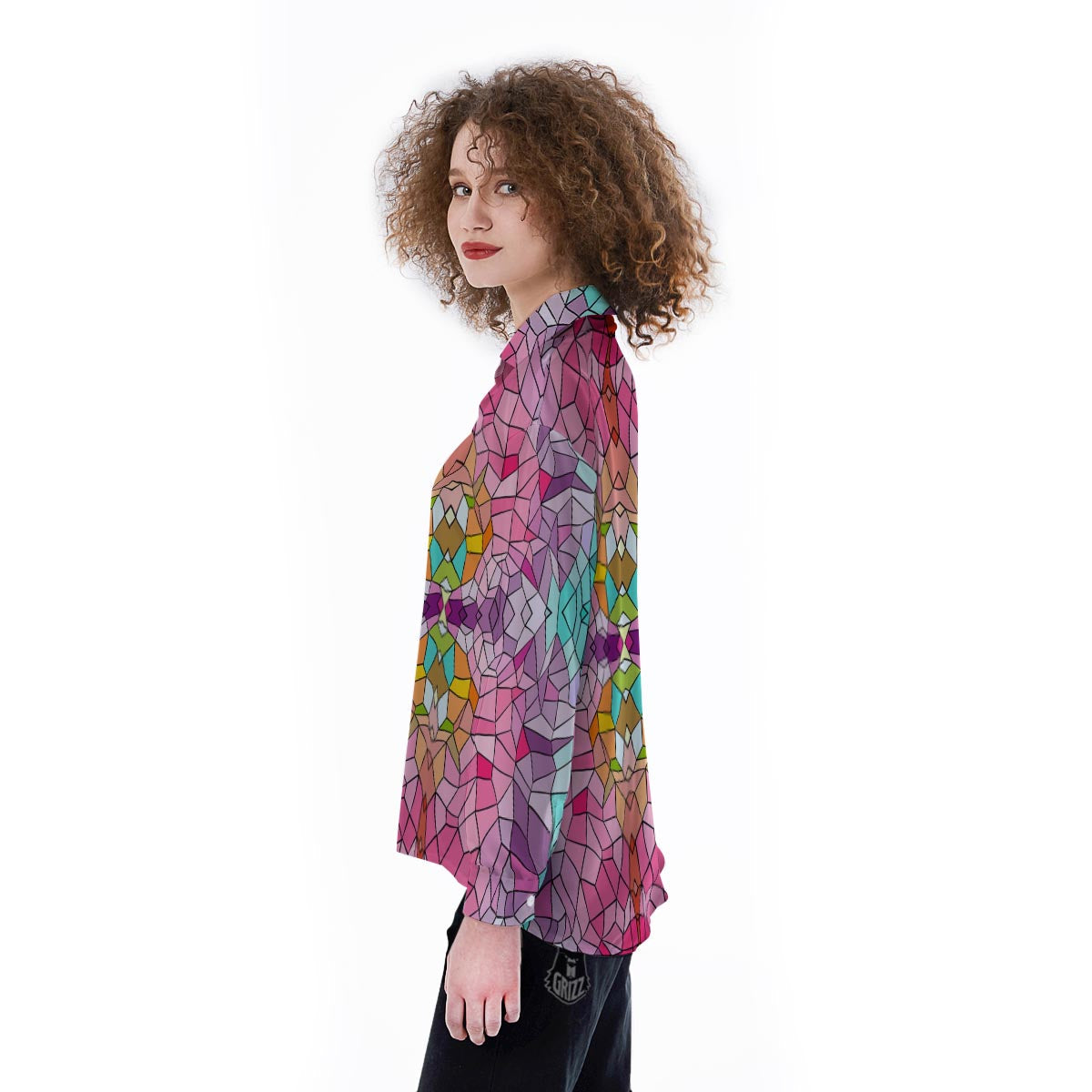 Mosaic Stained Glass Print Pattern Women's Long Sleeve Shirts-grizzshop