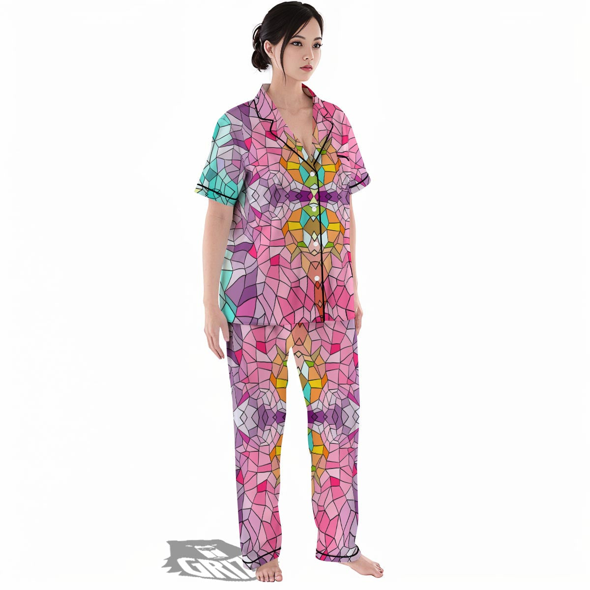 Mosaic Stained Glass Print Pattern Women's Pajamas Set-grizzshop