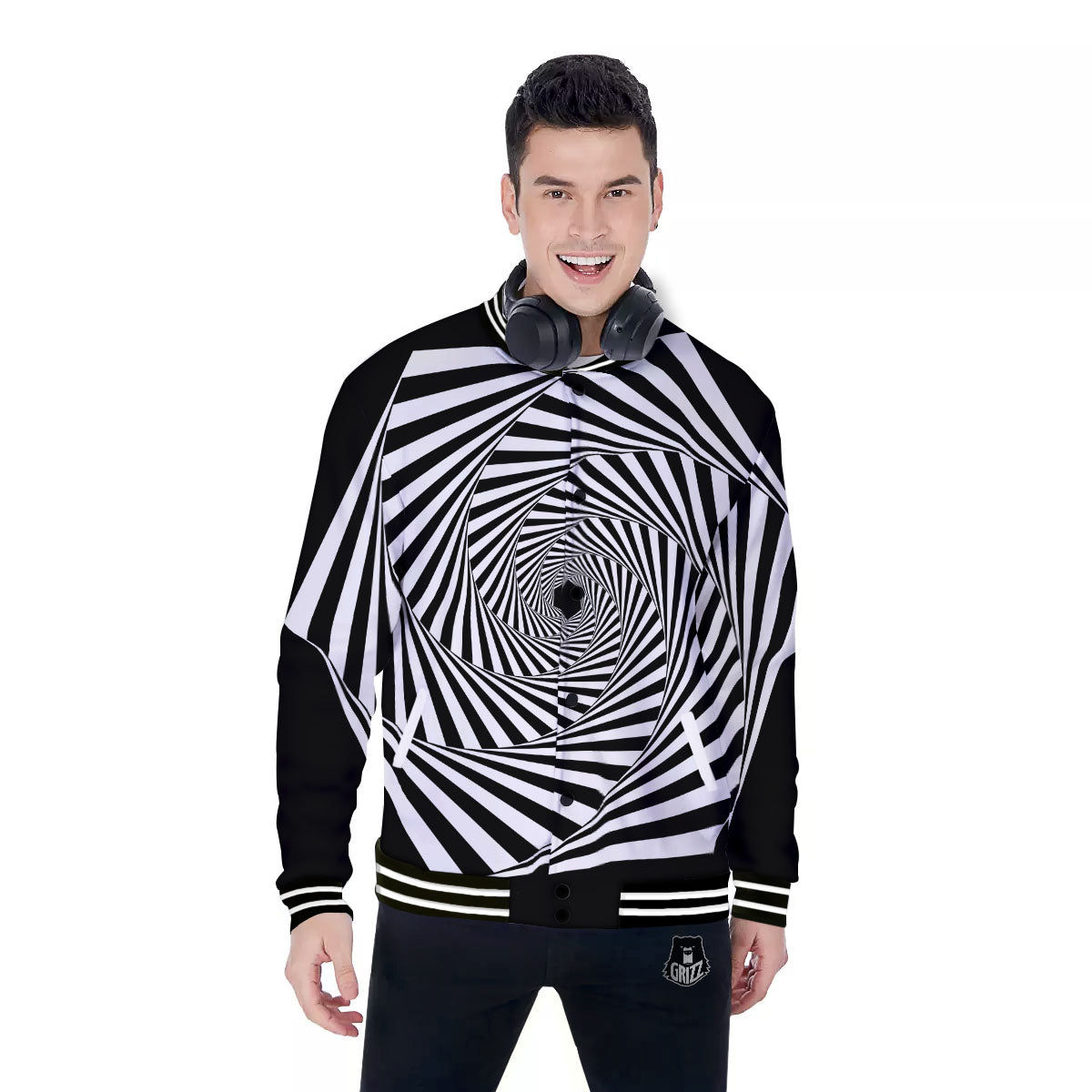 Motion Illusion Angular Swirl Print Baseball Jacket-grizzshop