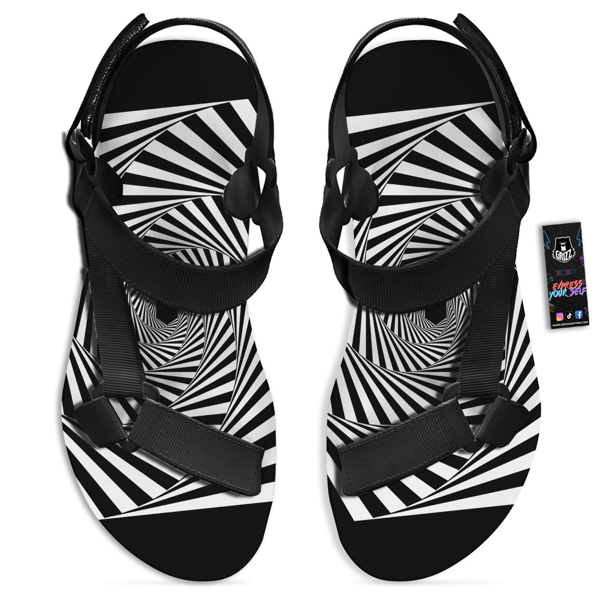 Motion Illusion Angular Swirl Print Black Open Toe Sandals-grizzshop