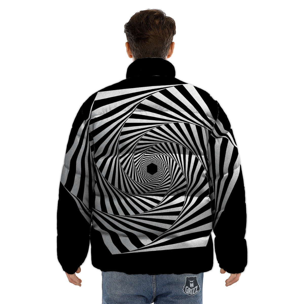 Motion Illusion Angular Swirl Print Puffer Jacket-grizzshop