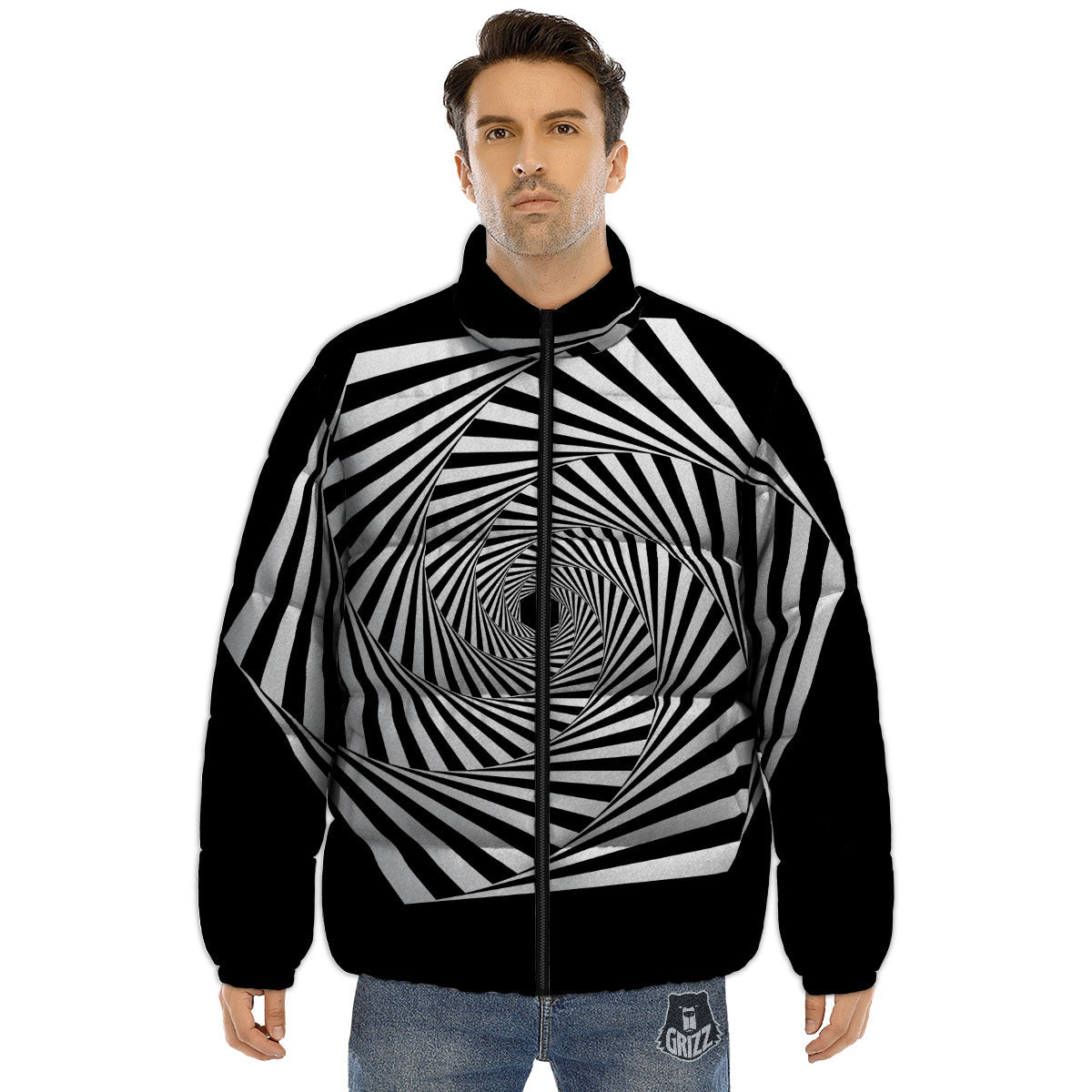 Motion Illusion Angular Swirl Print Puffer Jacket-grizzshop