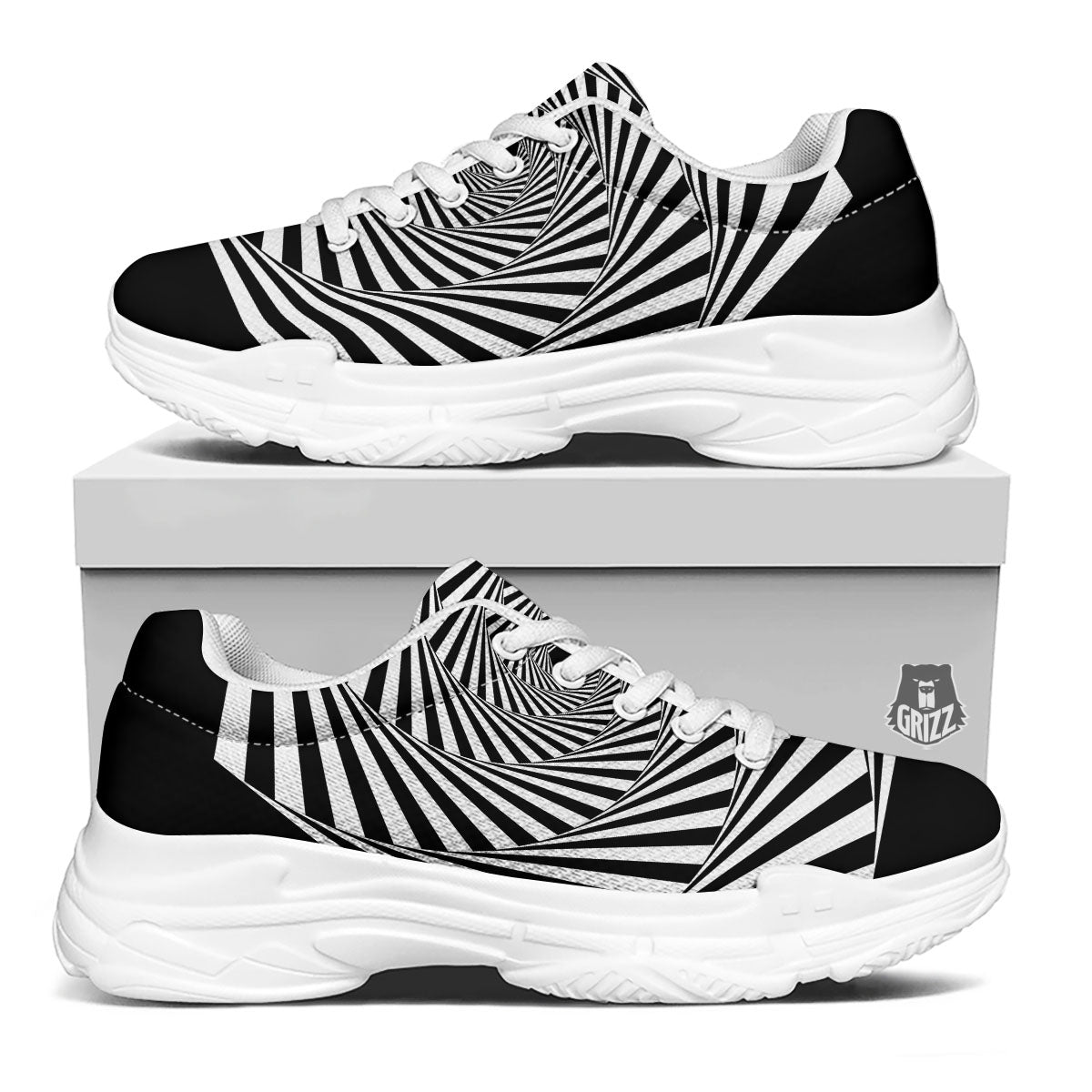 Motion Illusion Angular Swirl Print White Chunky Shoes-grizzshop