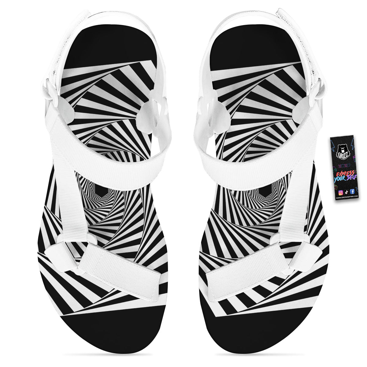 Motion Illusion Angular Swirl Print White Open Toe Sandals-grizzshop