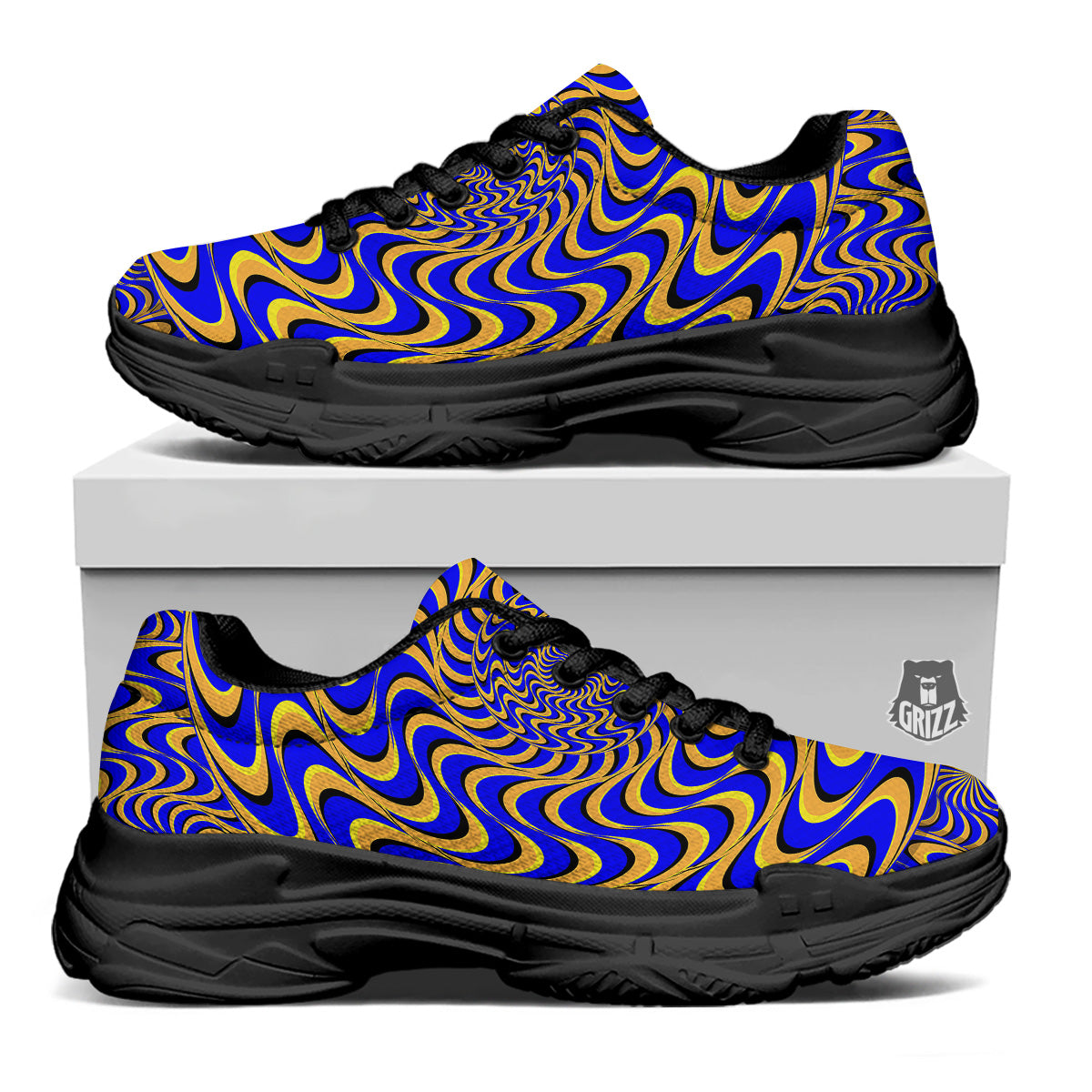 Motion Illusion Yellow And Blue Print Black Chunky Shoes-grizzshop