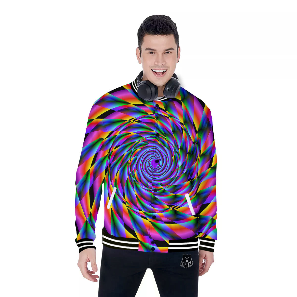 Motion Psychedelic Illusory Print Baseball Jacket-grizzshop
