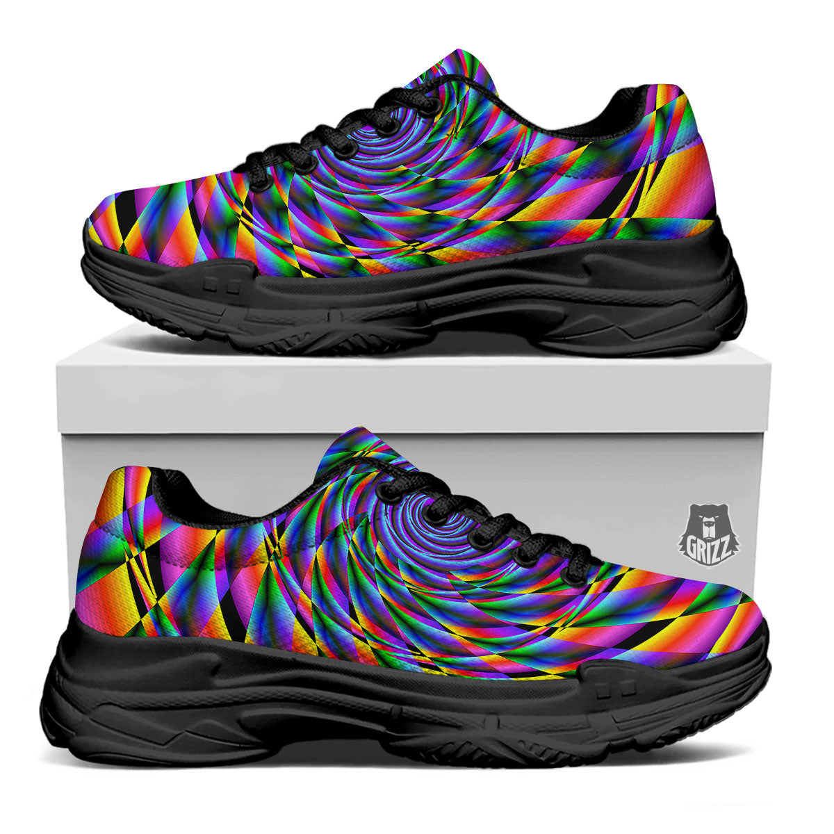 Motion Psychedelic Illusory Print Black Chunky Shoes-grizzshop