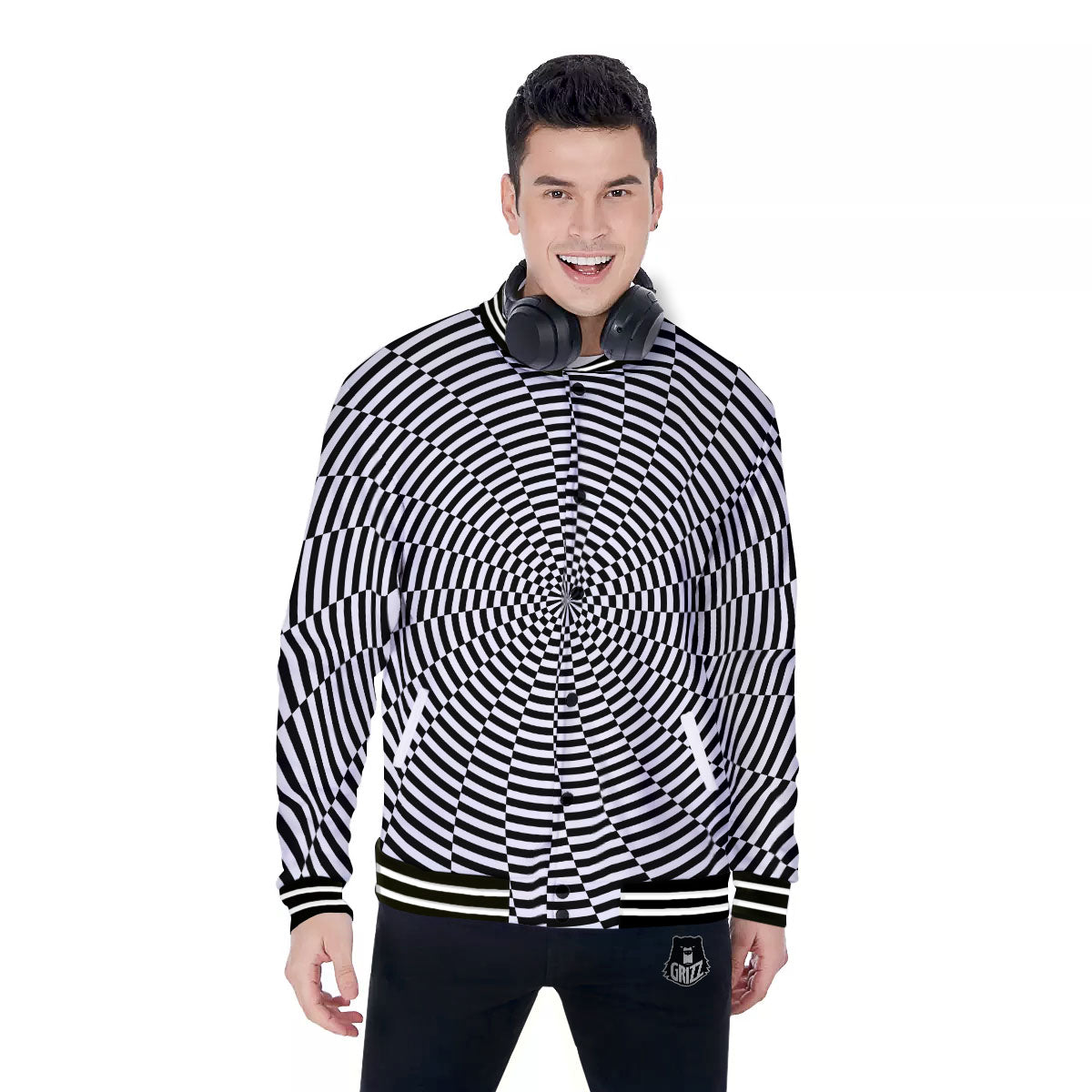 Motion Spiral Illusory Print Baseball Jacket-grizzshop