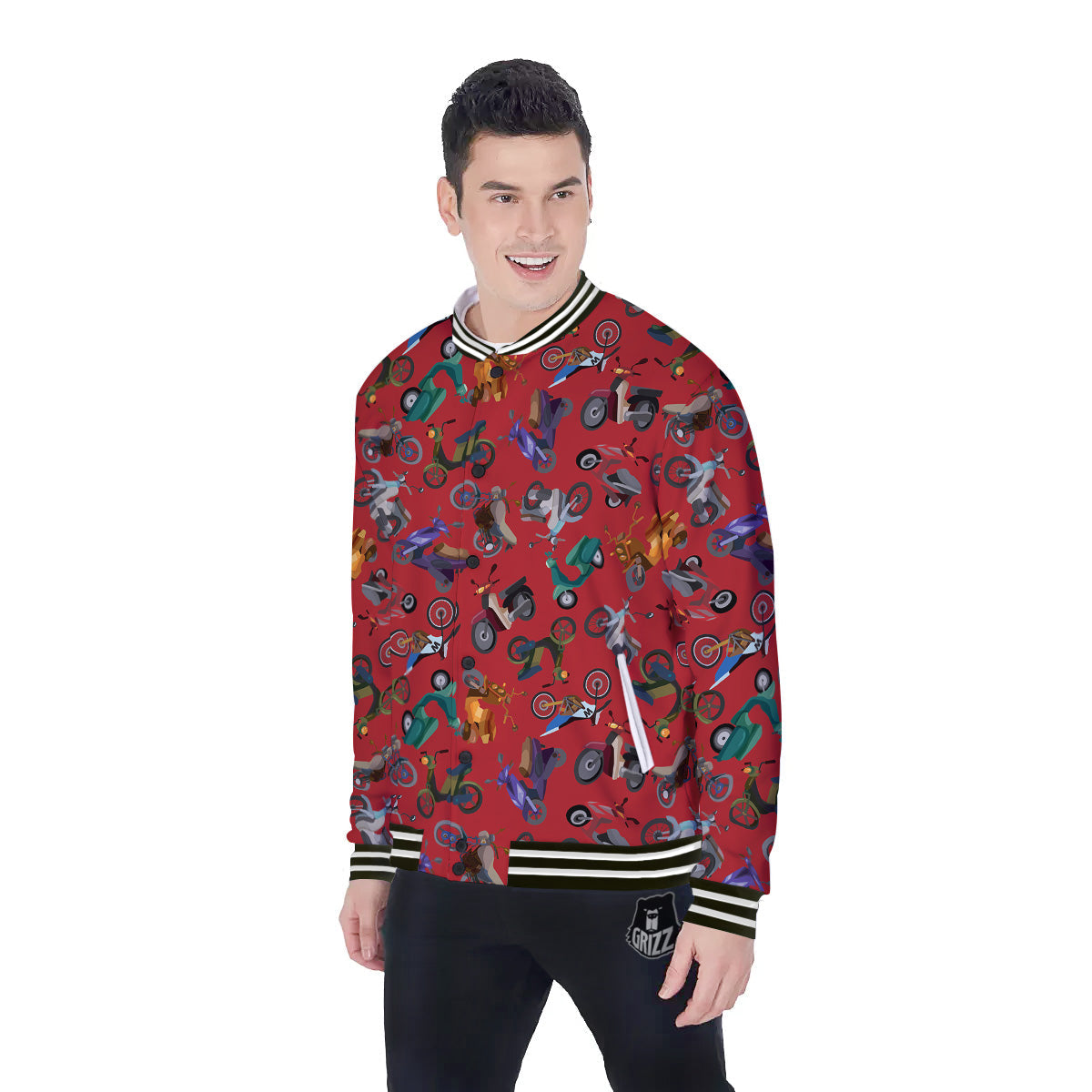 Motorcycle And Red Print Pattern Baseball Jacket-grizzshop
