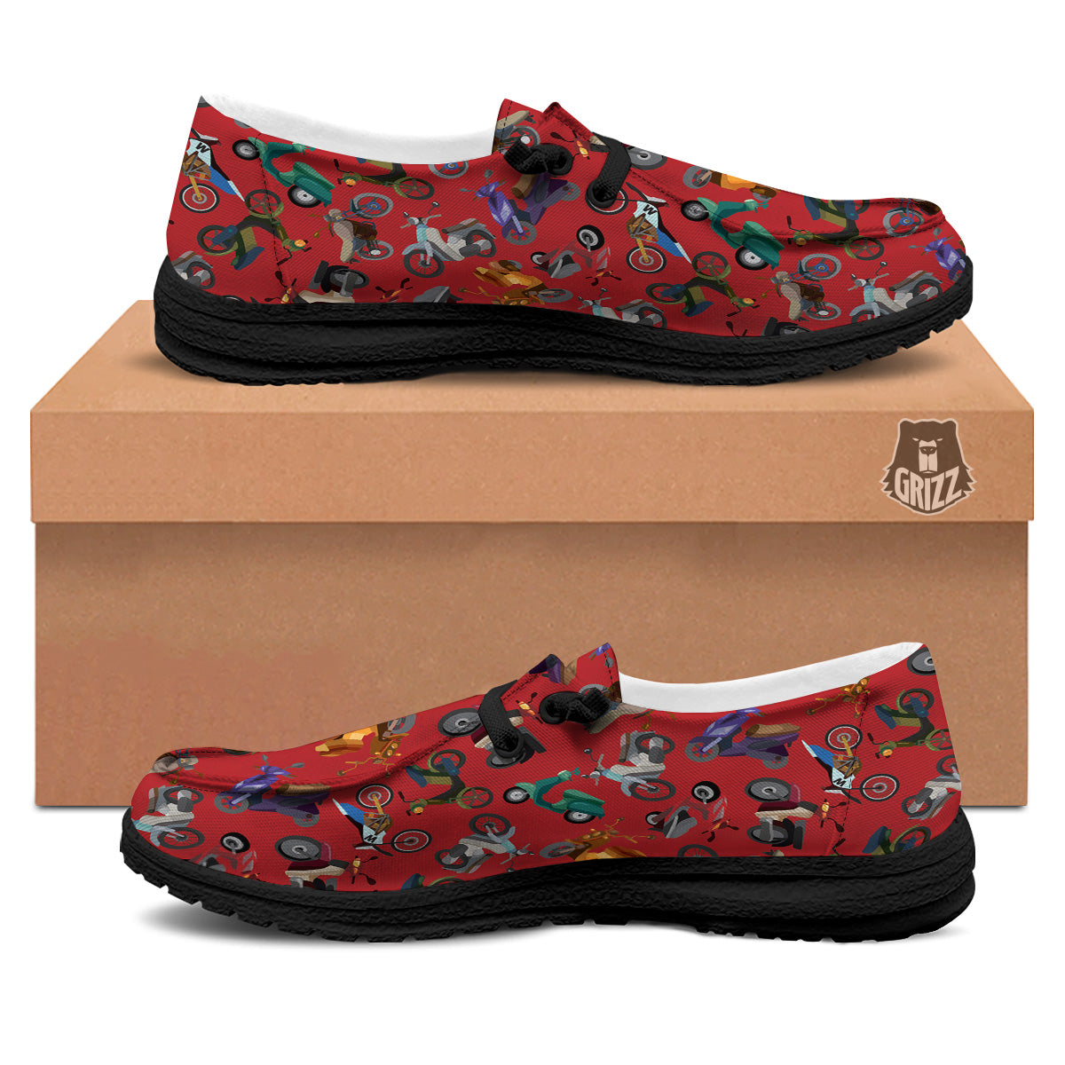 Motorcycle And Red Print Pattern Black Loafers-grizzshop