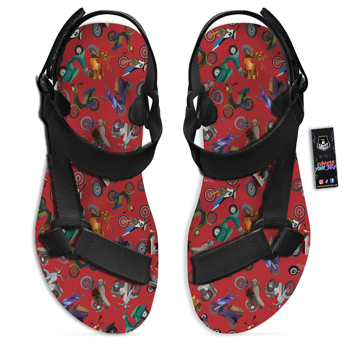 Motorcycle And Red Print Pattern Black Open Toe Sandals-grizzshop