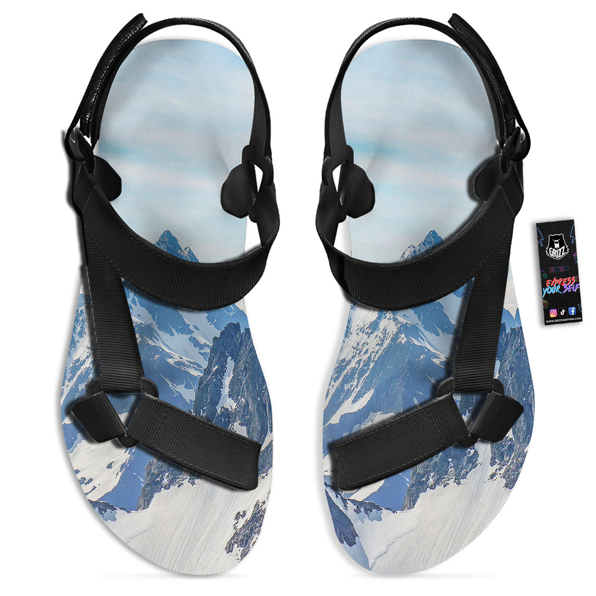 Mountain Alps Print Black Open Toe Sandals-grizzshop