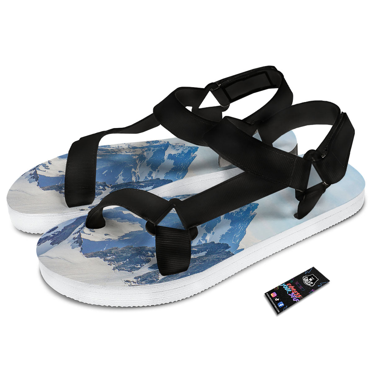 Mountain Alps Print Black Open Toe Sandals-grizzshop
