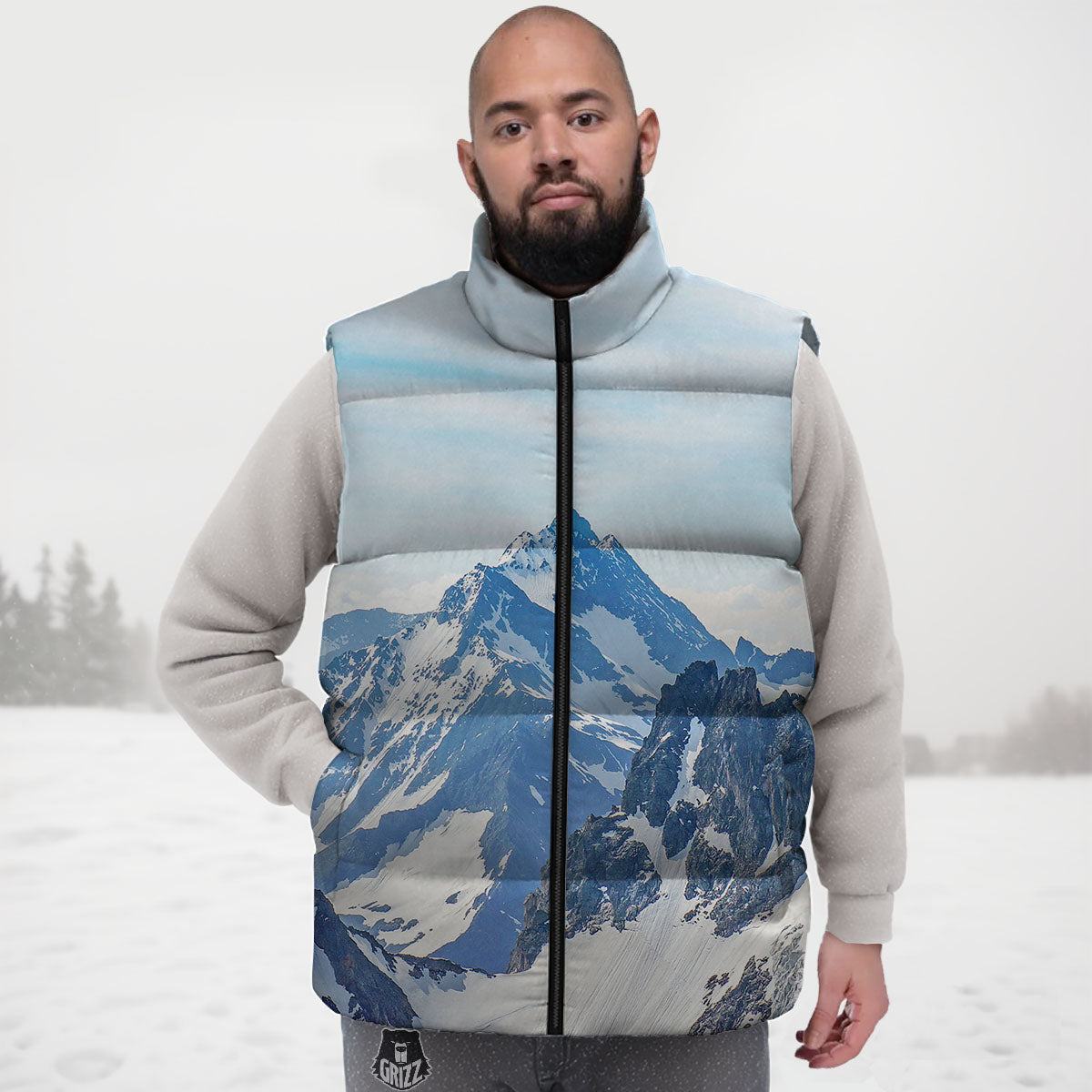 Mountain Alps Print Down Vest-grizzshop