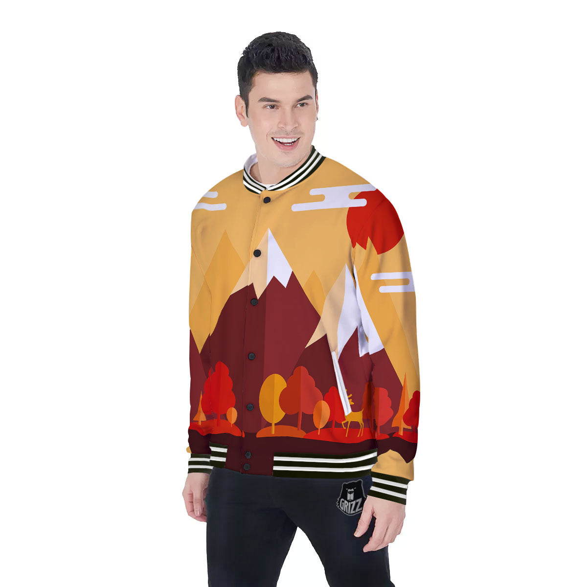 Mountain Autumn Print Baseball Jacket-grizzshop