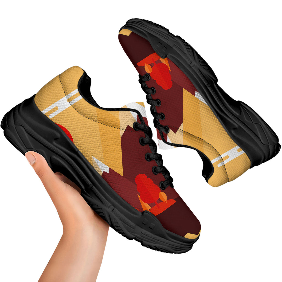 Mountain Autumn Print Black Chunky Shoes-grizzshop