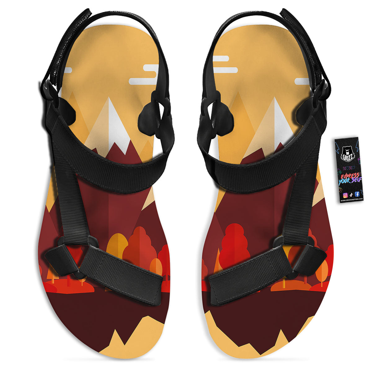 Mountain Autumn Print Black Open Toe Sandals-grizzshop