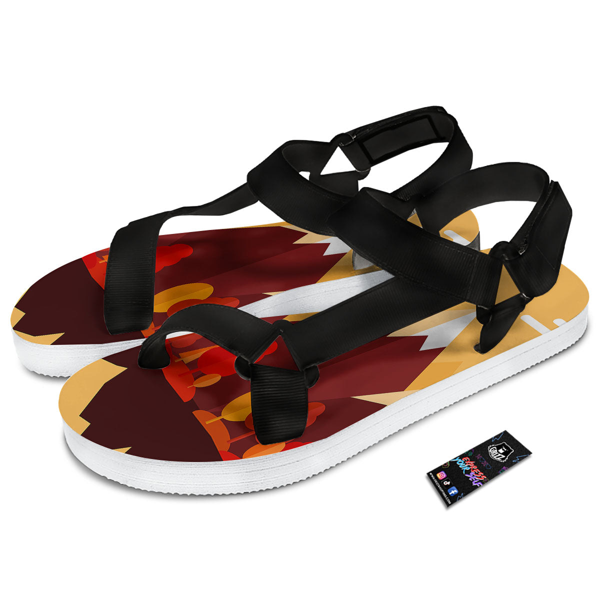 Mountain Autumn Print Black Open Toe Sandals-grizzshop