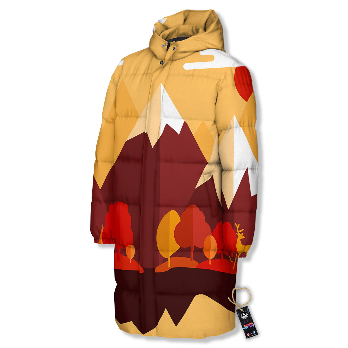 Mountain Autumn Print Long Down Jacket-grizzshop