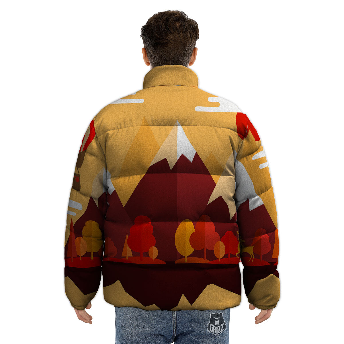 Mountain Autumn Print Puffer Jacket-grizzshop