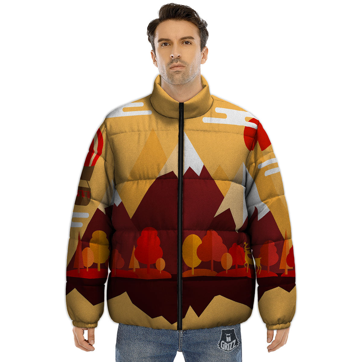 Mountain Autumn Print Puffer Jacket-grizzshop