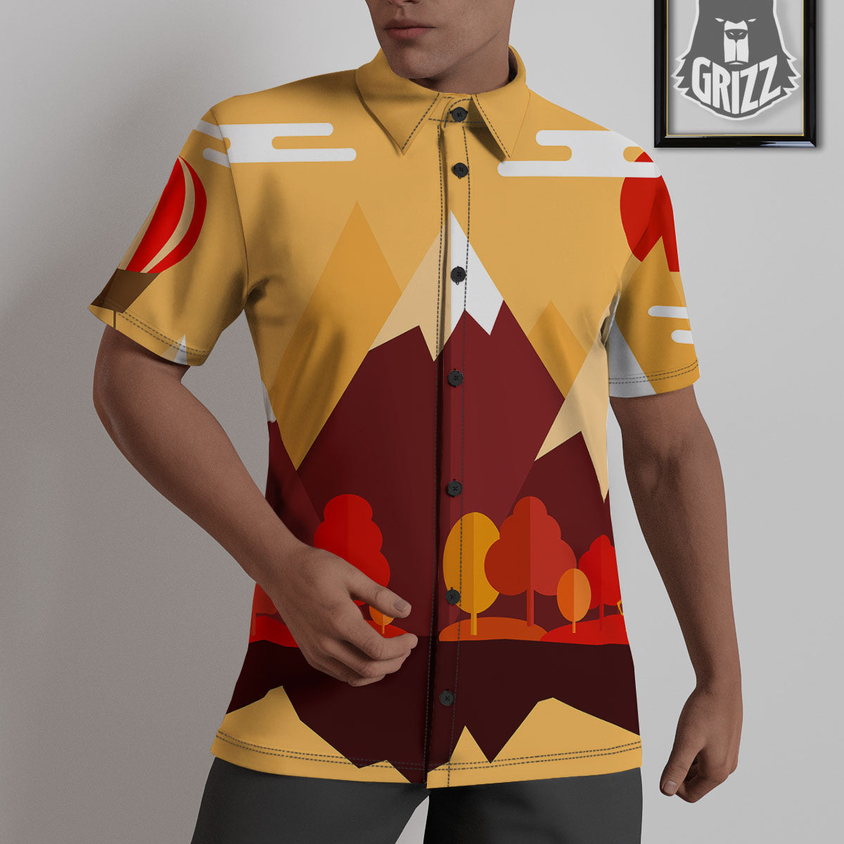 Mountain Autumn Print Untucked Shirts-grizzshop