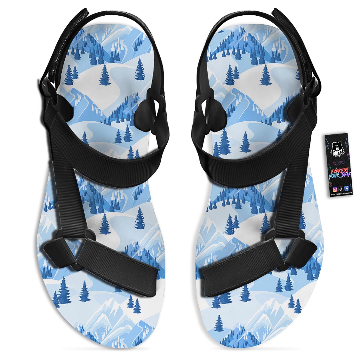 Mountain Skiing Print Pattern Black Open Toe Sandals-grizzshop