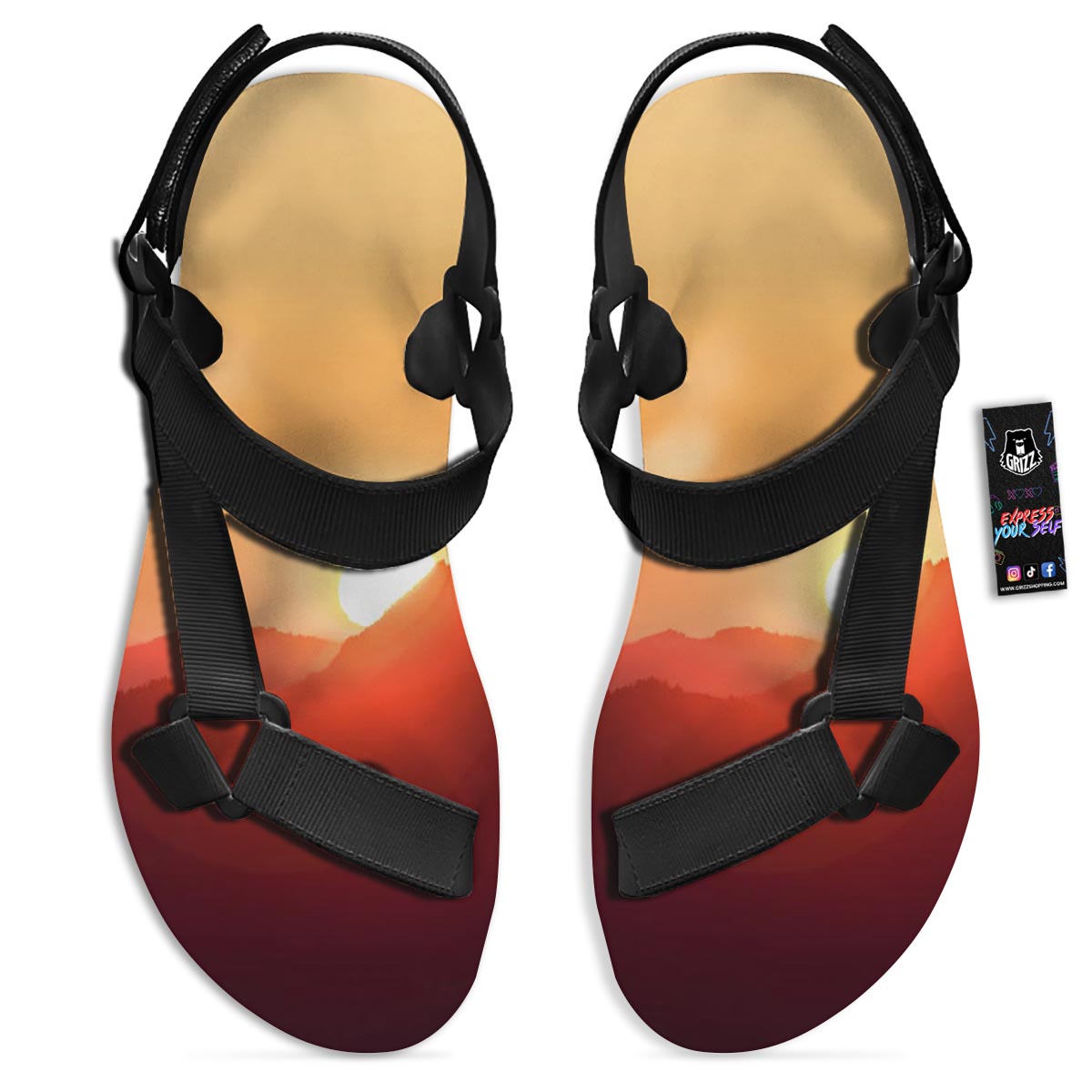 Mountain Sunrise Print Black Open Toe Sandals-grizzshop
