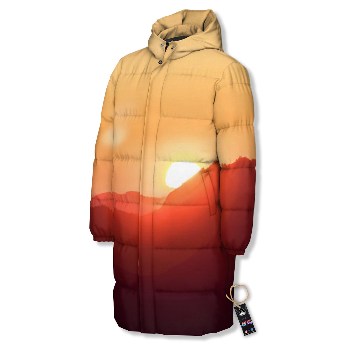 Mountain Sunrise Print Long Down Jacket-grizzshop